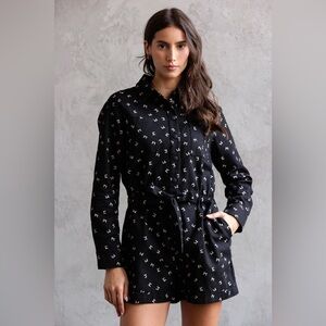 Storia Black White Bow Patterned Denim Romper